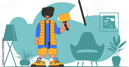 Topic Personnel search. The man is holding a megaphone.