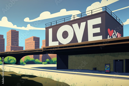 The word "love" prominently displayed in a cityscape, perfect for Valentine's Day posters. Generative AI.