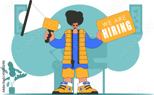 Topic Engagement of employees. A man with a megaphone. labor market.