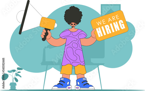 Topic Engagement of employees. The man is holding a megaphone.