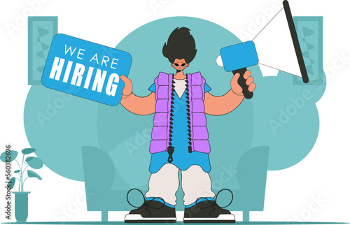 Topic Engagement of employees. A man holds a megaphone in his hands.