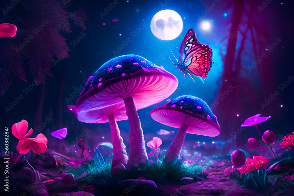 Glowing mushrooms in the night forest.  Generative AI.