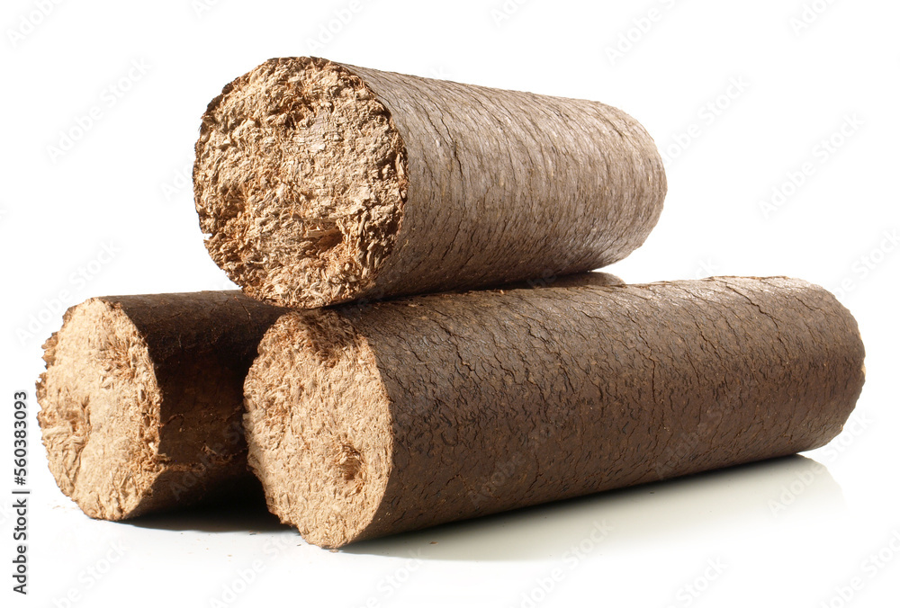 Round Hardwood Sawdust Briquettes - Compressed Biomass Wood Fire Logs isolated on white Background Round Hardwood Sawdust Briquettes - Compressed Biomass Wood Fire Logs isolated on white Background