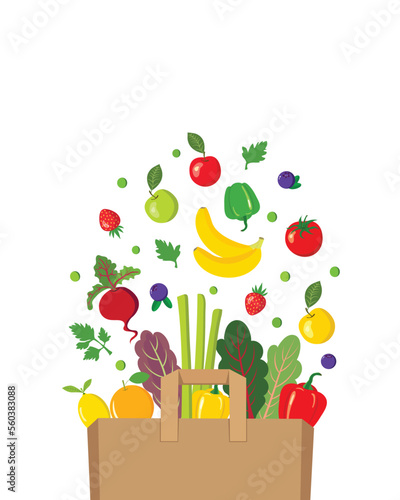 Vector illustration of brown paper bag with fresh organic produce vegetables fruits berries. Healthy diet whole unprocessed food gut health concept