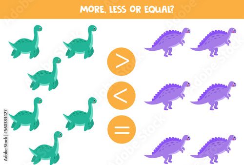 More, less, equal with cute cartoon dinosaurs. Math game for kids.