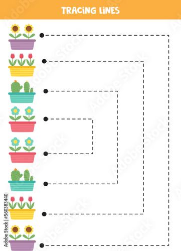 Tracing lines for kids with colorful flowers. Handwriting practice for kids.