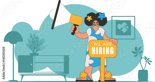 The theme is Human Resource. A girl with a megaphone, symbolizing the search for people in the labor market.