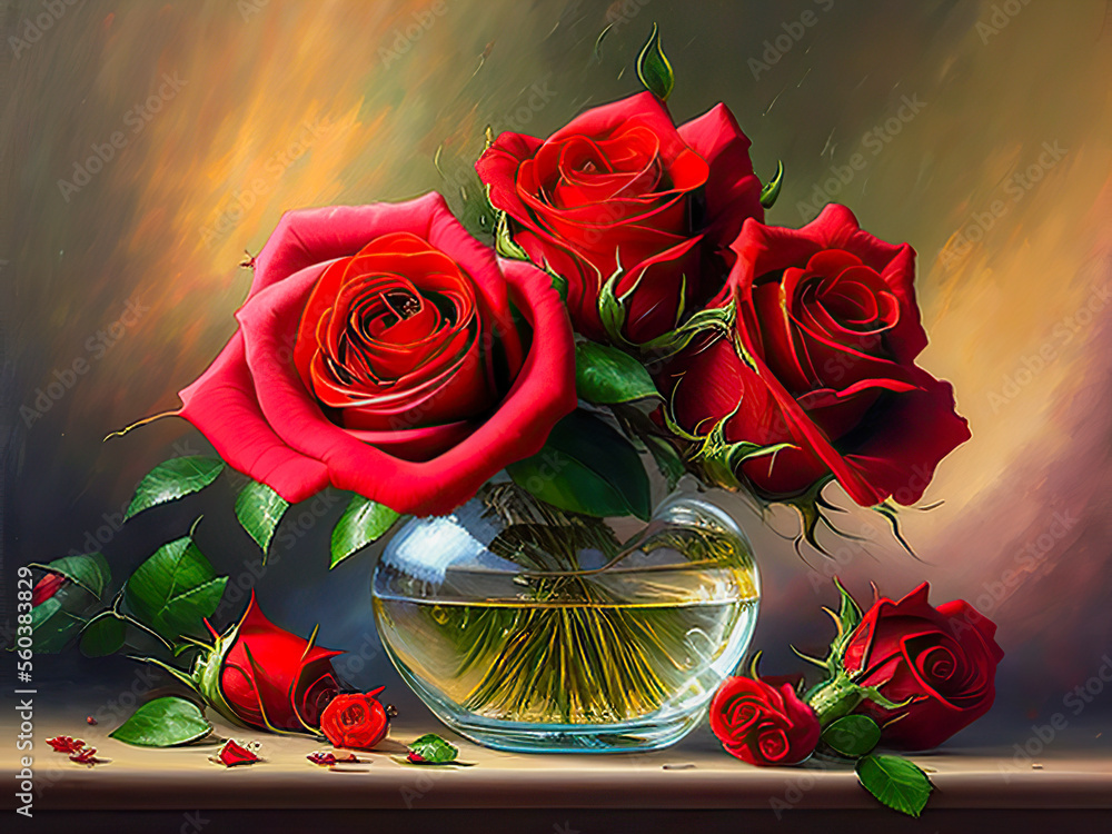 Red rose in vase on table. Still life roses flowers in vase. bouquet of ...