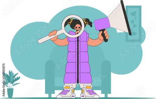 Topic Human resource and recruitment. Girl with a megaphone. labor market.