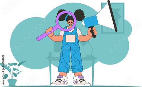 Topic Human resource and recruitment. The girl is holding a megaphone.