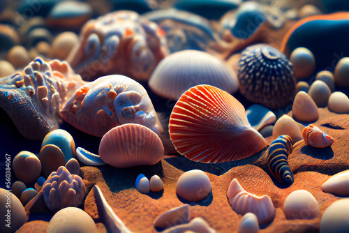 Mixed colorful sea shells. Generative AI.
