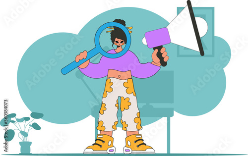 Topic Human resource and recruitment. The girl is holding a megaphone in her hands.