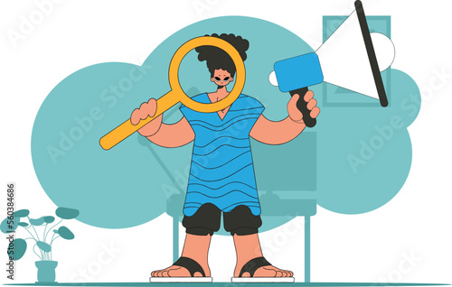 Subject Sphere of human resources. A guy with a megaphone, symbolizing the search for people in the labor market.