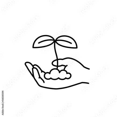 Hand with sprout. Growth of plant. Care for the environment. Vector line icon. Editable outline stroke.