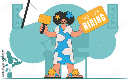 Subject Sphere of human resources. A girl with a megaphone, symbolizing the search for people in the labor market.