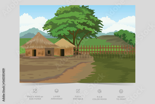 Indian Village Background Illustration. Rural mountain landscape and village vector illustration. A beautiful village with farmlands, trees, meadows and with mountains in the background.