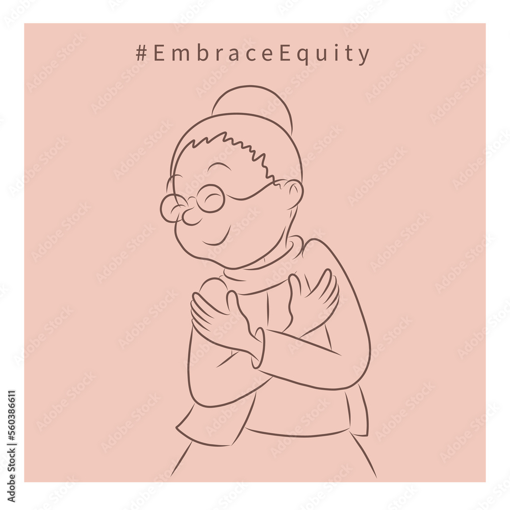Obraz premium Woman hugs herself. Hands. International Women Day illustrations. Embrace Equity concept. Simple square line art image on pastel background in cartoon doodle style