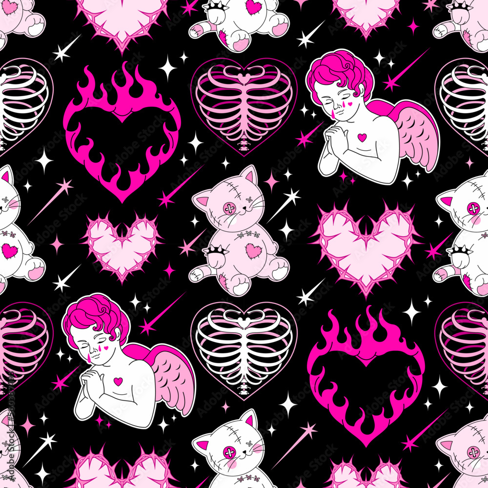 Gothic glam seamless pattern, wallpaper.Y2k lovestruck emo goth  concept.Wire, burn hearts, angel, black and pink goth elements on dark  background.Vector cool teen backdrop, fabric.90s, 00s aesthetic. Stock  Vector