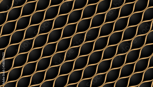 Elegant fish scale golden stripes with black gradient background. Concept of mesh, fishnet. Golden wave line pattern. Vector illustration.