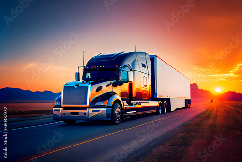Truck On Freeway.  Generative AI. © EwaStudio