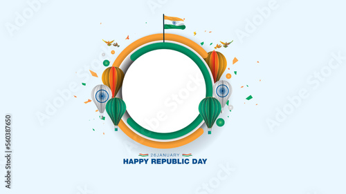 Republic Day of India sale Template design. 3D Logotype unit concept. 26 january Happy Republic Day Text with tricolor flag and balloon.