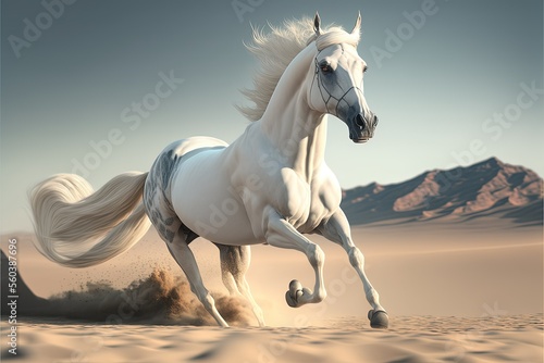 the galloping white horse  on desert   ai generated