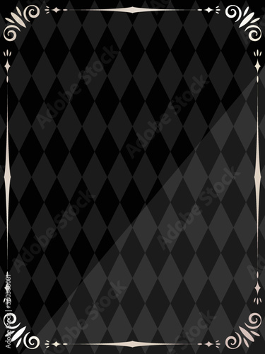 エレガントなオーナメントフレームとダイヤ模様背景　縦位置　ブラック＆ホワイトゴールド
