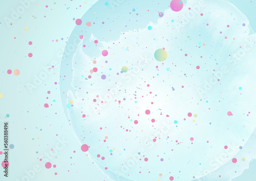 Holographic dust particles and blue blot shiny abstract background. Vector art colorful design