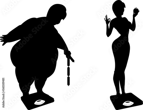 The girl before the diet is fat and sad, the girl eating healthy food is cheerful and slim. Cartoon. Silhouette. A slender girl with an apple in her hand is weighed on the scales. Shows language.