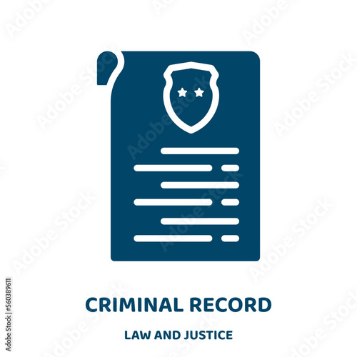 criminal record vector icon from law and justice collection. record filled flat symbol for mobile concept and web design. Black crime glyph icon. Isolated sign, logo illustration. Vector graphics. photo