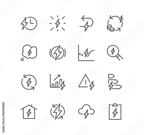 Set of energy related icons, energy costs, eco friendly power and linear variety vectors.