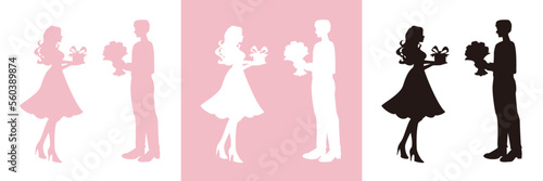 Silhouette Vectors. The woman holds a box of gifts and the man holds a bouquet of flowers. Gifts as an expression of mutual affection. Pink background.Set of color variations.