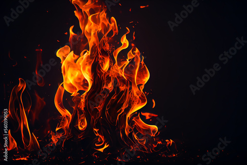  Fire flames on black background.  Gerative AI   photo