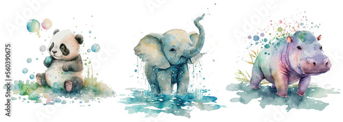 Safari Animal set Hippo, Elephant, Panda in watercolor style. Isolated vector illustration