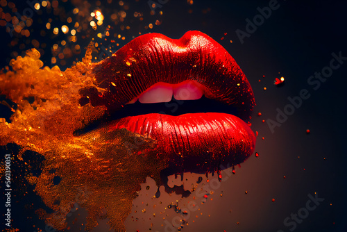 Lips with colorful splashes. Glossy colored and sexy Lips. Generative AI.