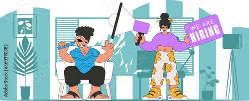 The girl and the guy are HR specialists. Attracting workers.
