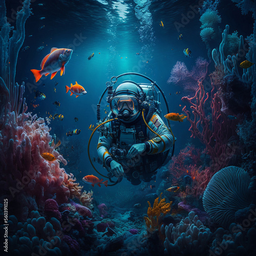 scuba diver in colorful tropical underwater environment, with generative AI
