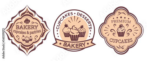 Cupcake bakery label collection, confectionery logo badges, vector emblem design with typography.