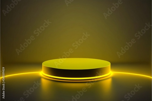 Neon yellow futuristic showcase, round product display stage with glowing background, 3d illustration.