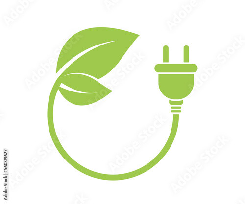 Environmental electric plug with green leaf. Eco electric energy symbol. Ecology charge logo. Nature renewable electricity. Vector illustration.