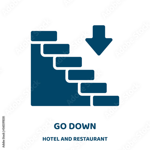 go down vector icon from hotel and restaurant collection. stair filled flat symbol for mobile concept and web design. Black down glyph icon. Isolated sign, logo illustration. Vector graphics.