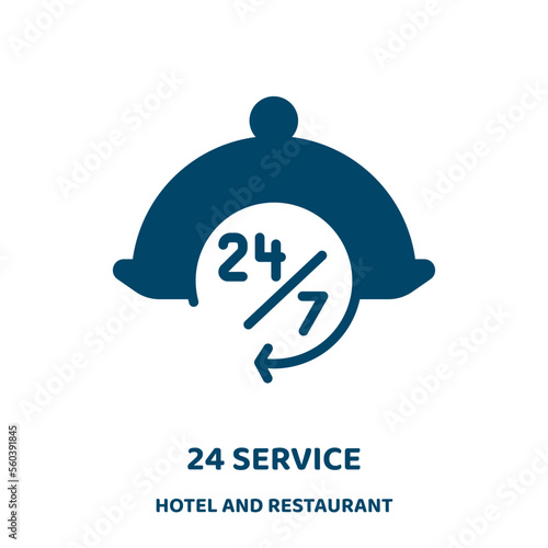 24 service vector icon from hotel and restaurant collection. hour filled flat symbol for mobile concept and web design. Black service glyph icon. Isolated sign, logo illustration. Vector graphics.