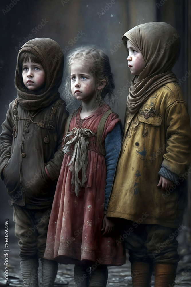 Orphans of the war.  3 small children in dirty clothes hoping for a better future. Generative AI, this image is not based on any original image, character or person.