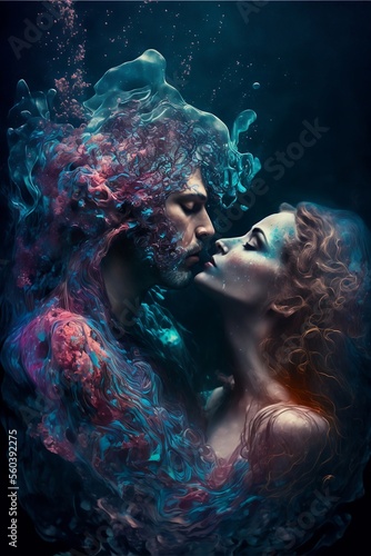 Soulmates encountering each other in a quantum liquid dimension. Generative AI, this image is not based on any original image, character or person.   © cfhdesign