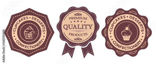 Cupcake shop label collection, quality mark, vector emblem design with typography.