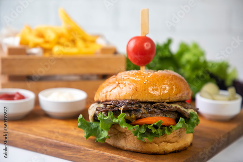 Homemade hamburger served w...