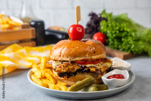 Homemade hamburger served w...
