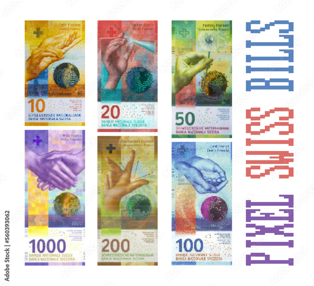 Vector set of pixelated mosaic banknotes of Switzerland. Swiss paper money on an isolated white background. Bills of denomination at 10 before 1000 francs. - obrazy, fototapety, plakaty 