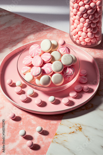 a pink marble table with pink and white candies