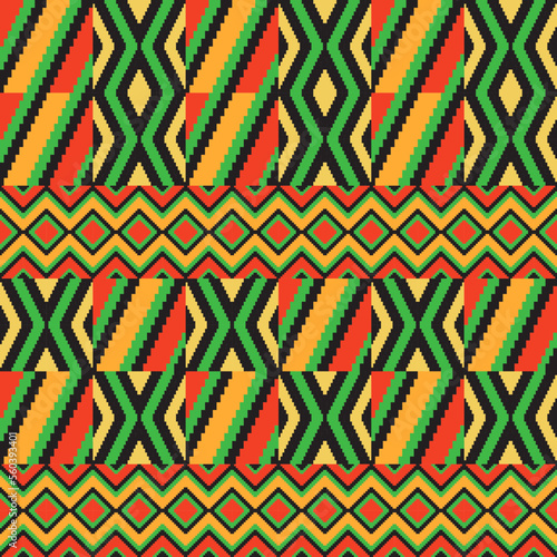Kente cloth. African textile. Ethnic seamless pattern. Tribal geometric print. 
